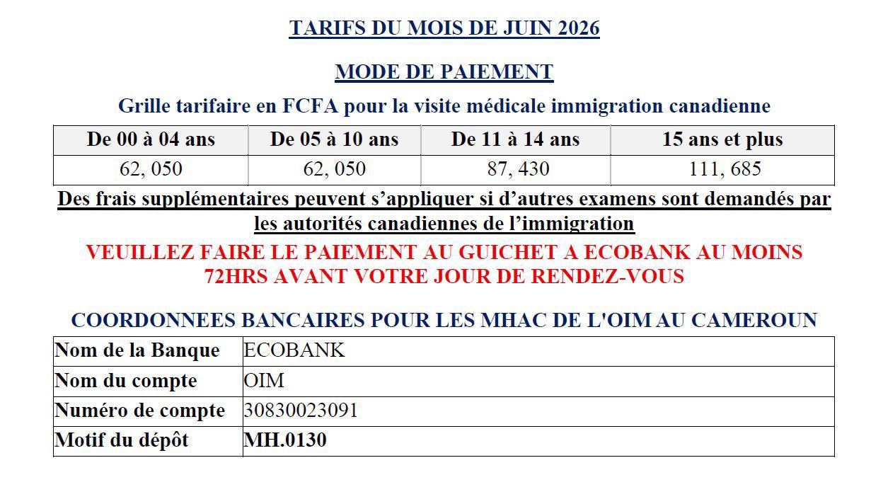 Grille tarifaire visite médicale IOM MHAC